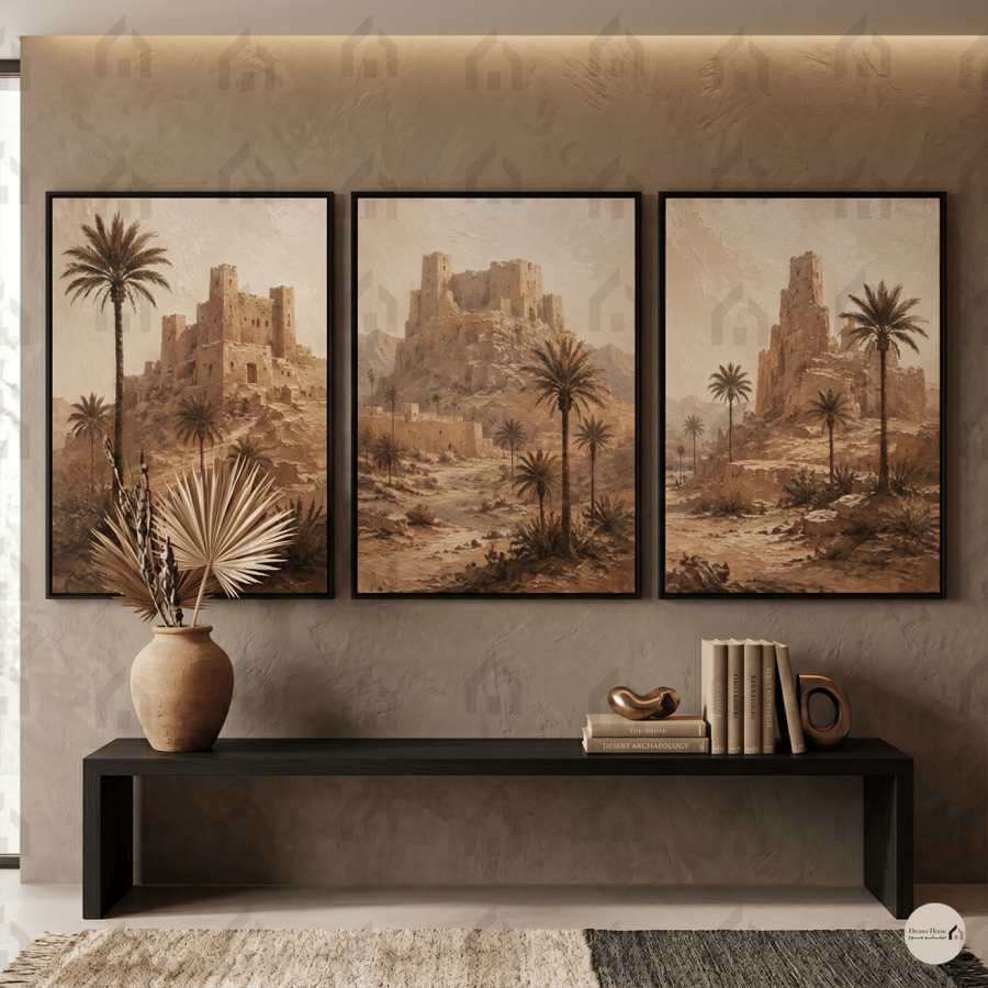 لوحات جدارية ثلاثية بقلعة صحراوية ونخيل عربي بتصميم تراثي طباعة كانفس