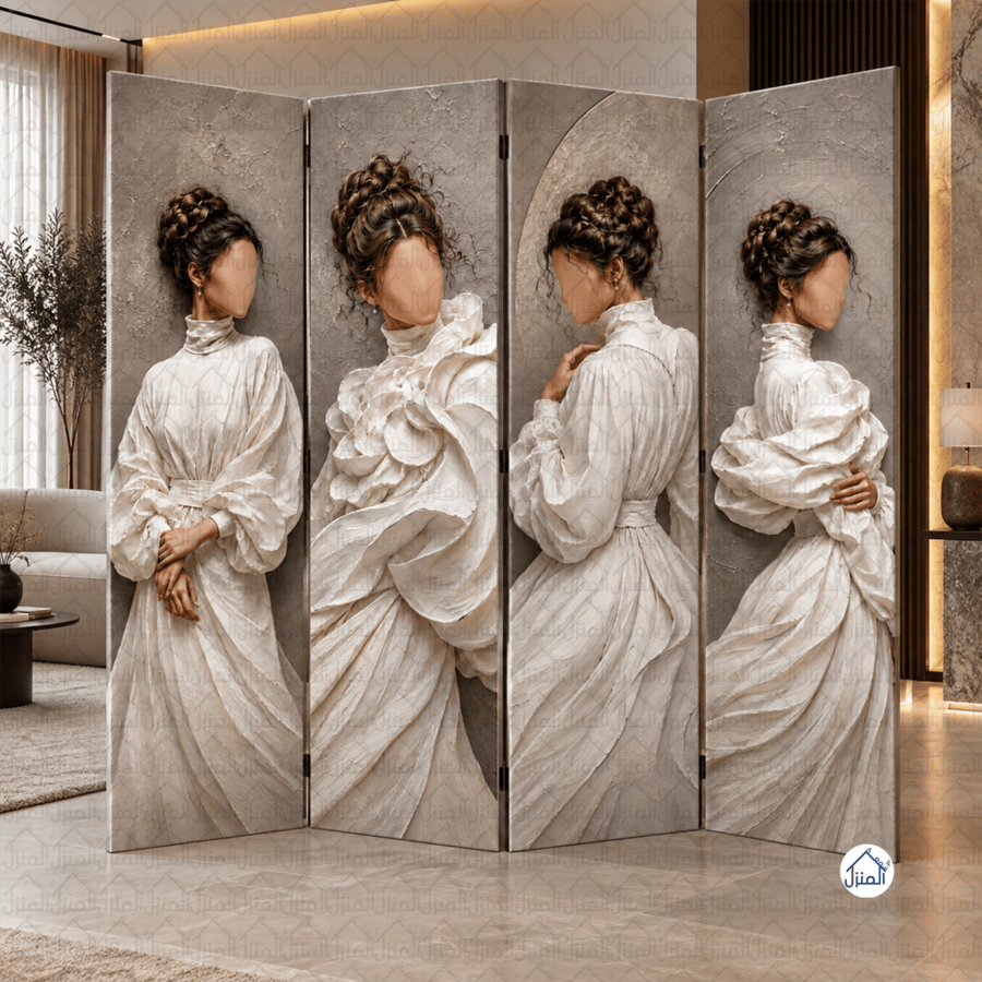 بارتيشن لوحات كانفس بسيدة بفستان أبيض كلاسيكي - 4 قطع