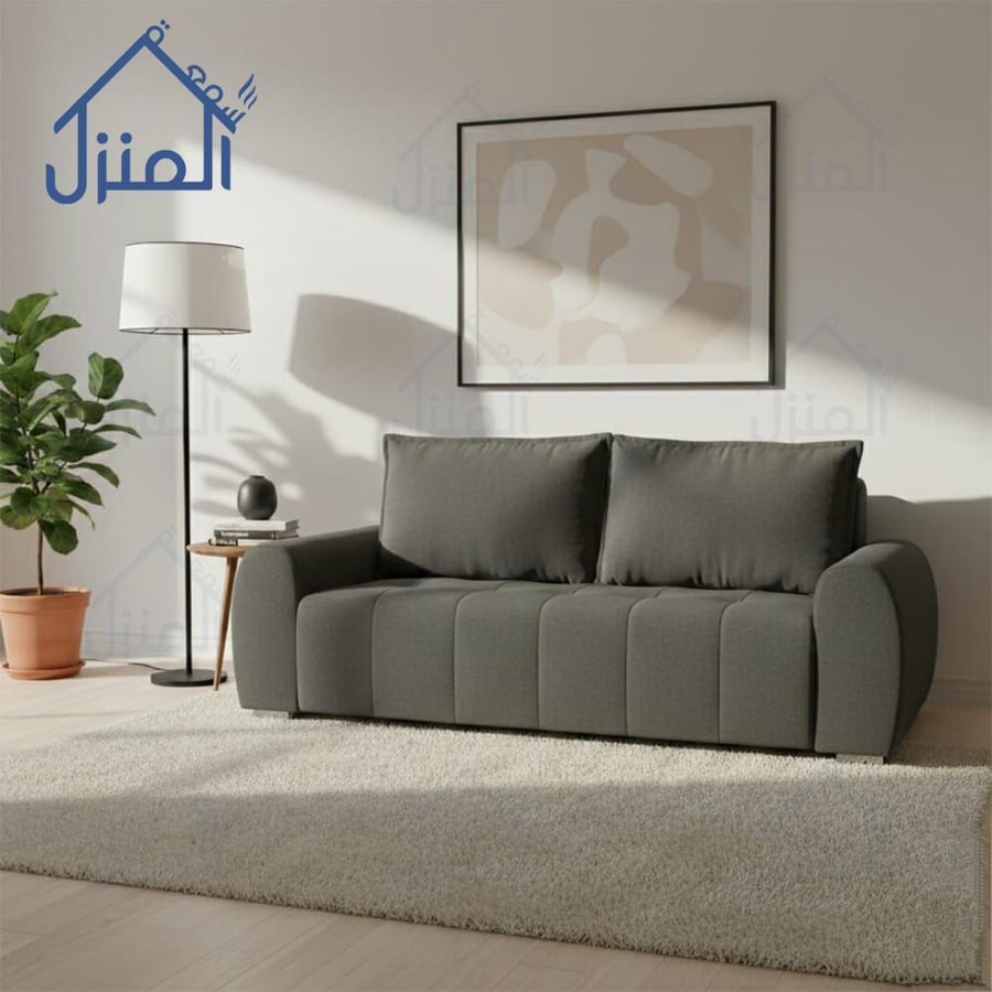 كنبة مودرن ثلاثية بقماش رصاصي غامق بتصميم معاصر وجلسات مبطنة مريحة