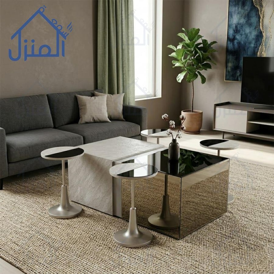 طقم طاولات قهوة مودرن 5 قطع بديل حجر وزجاج مع قواعد معدنية