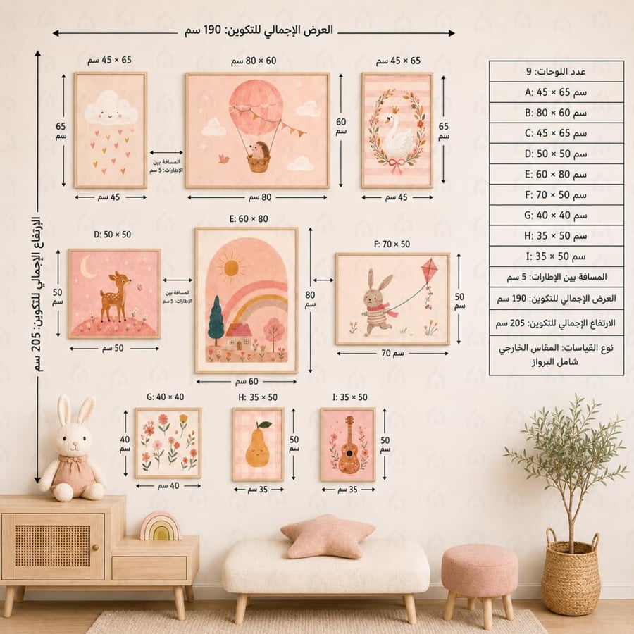 تشكيلة لوحات جدارية أطفال وردية أرانب وقوس قزح طباعة كانفس