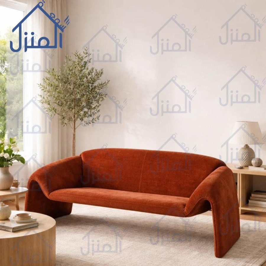كنبة مودرن ثنائية بقماش برتقالي محروق بتصميم منحني فاخر وجلسات مريحة