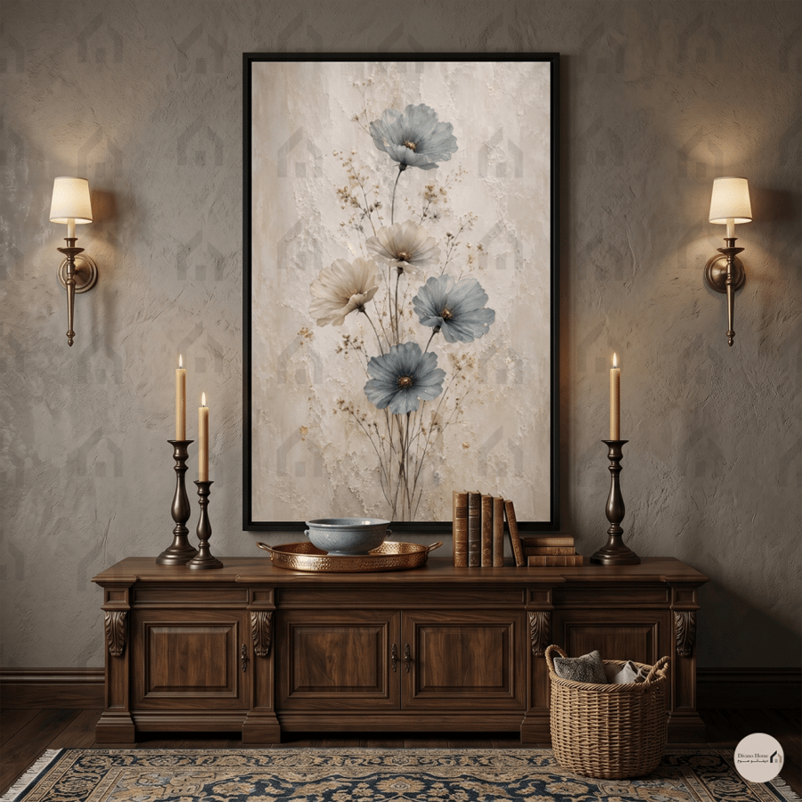 لوحة جدارية زهور زرقاء وبيضاء بتصميم نباتي كلاسيكي طباعة كانفس