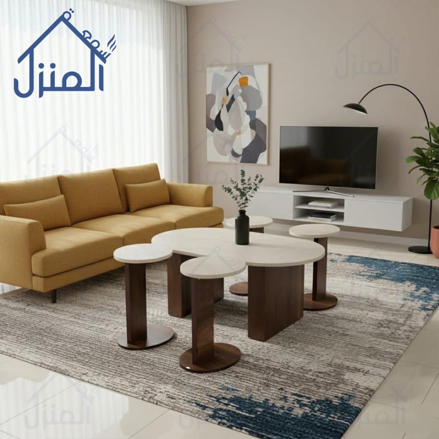 طقم طاولات أرضية عضوي 5 قطع بتشطيب بديل حجر وقواعد خشبية