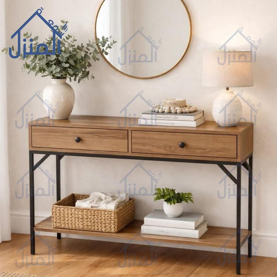 طاولة كونسول خشبية بدرجين وقاعدة معدنية بتصميم عصري للمداخل