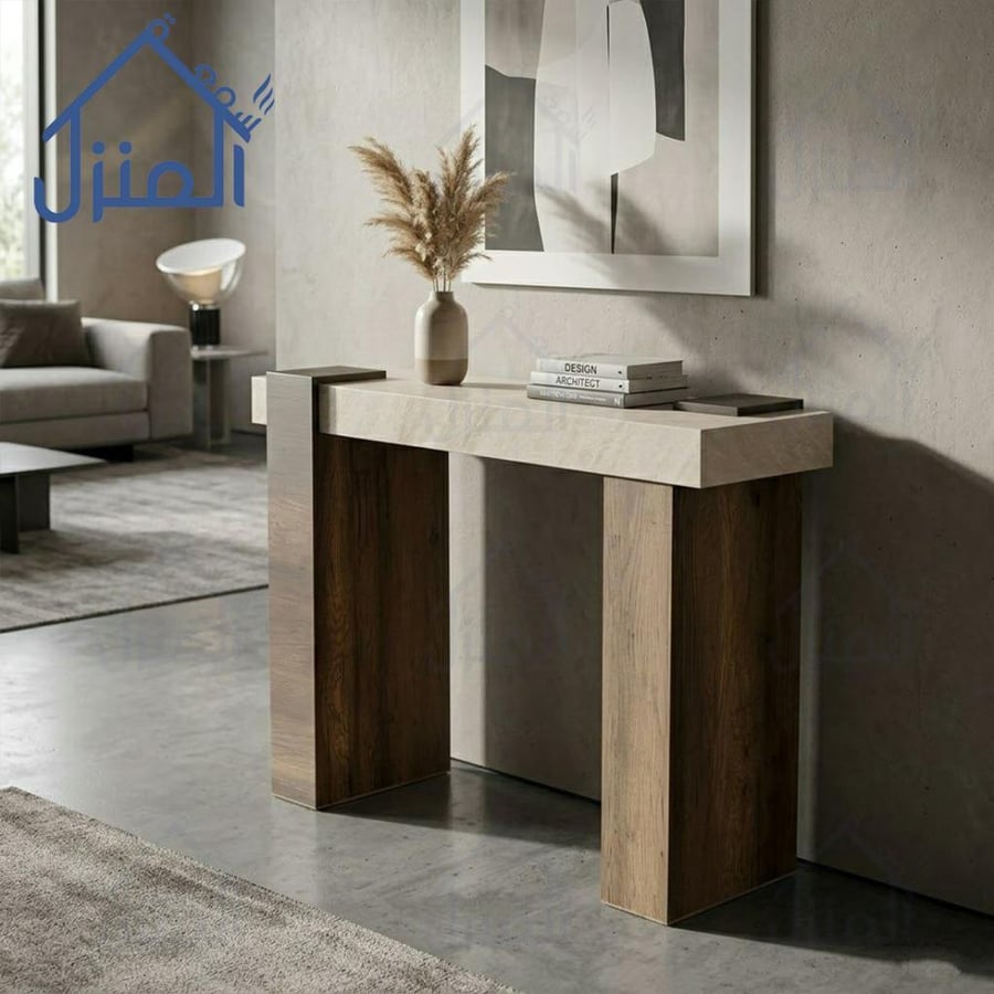 طاولة كونسول بسطح بديل حجر وأرجل خشبية بتصميم عصري للمداخل