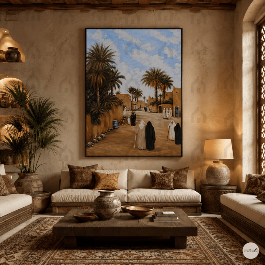 لوحة جدارية شارع عربي ونخيل بتصميم تراثي طباعة كانفس