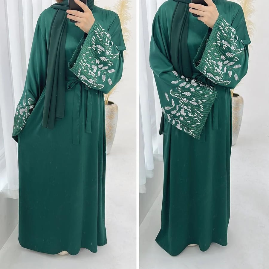 عباية كيمونو نسائية سوداء مطرزة – قفطان إسلامي طويل أنيق