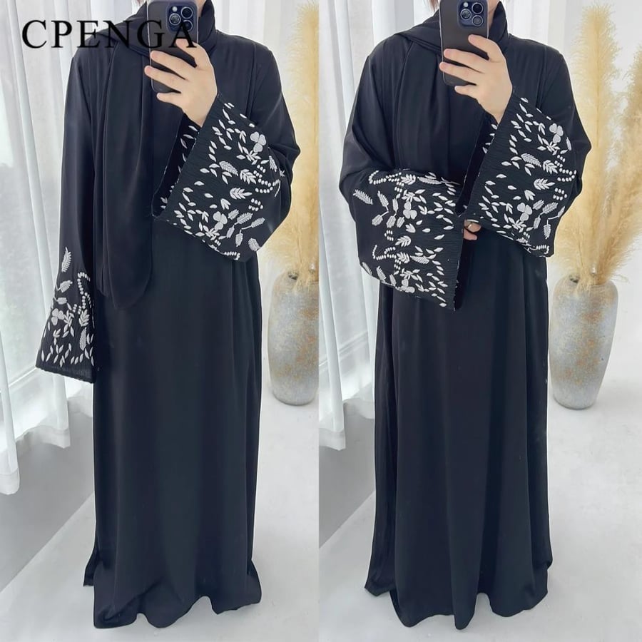 عباية كيمونو نسائية سوداء مطرزة – قفطان إسلامي طويل أنيق