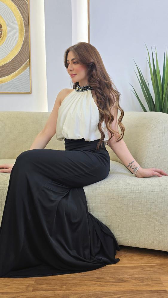 فستان سهرة أسود وأبيض بستايل ناعم بياقة مزينة ولون مزدوج أنيق