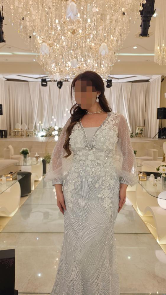 فستان سهرة فضي ثلجي بقصة حورية وتطريز زهري ثلاثي الأبعاد وأكمام تول منفوشة