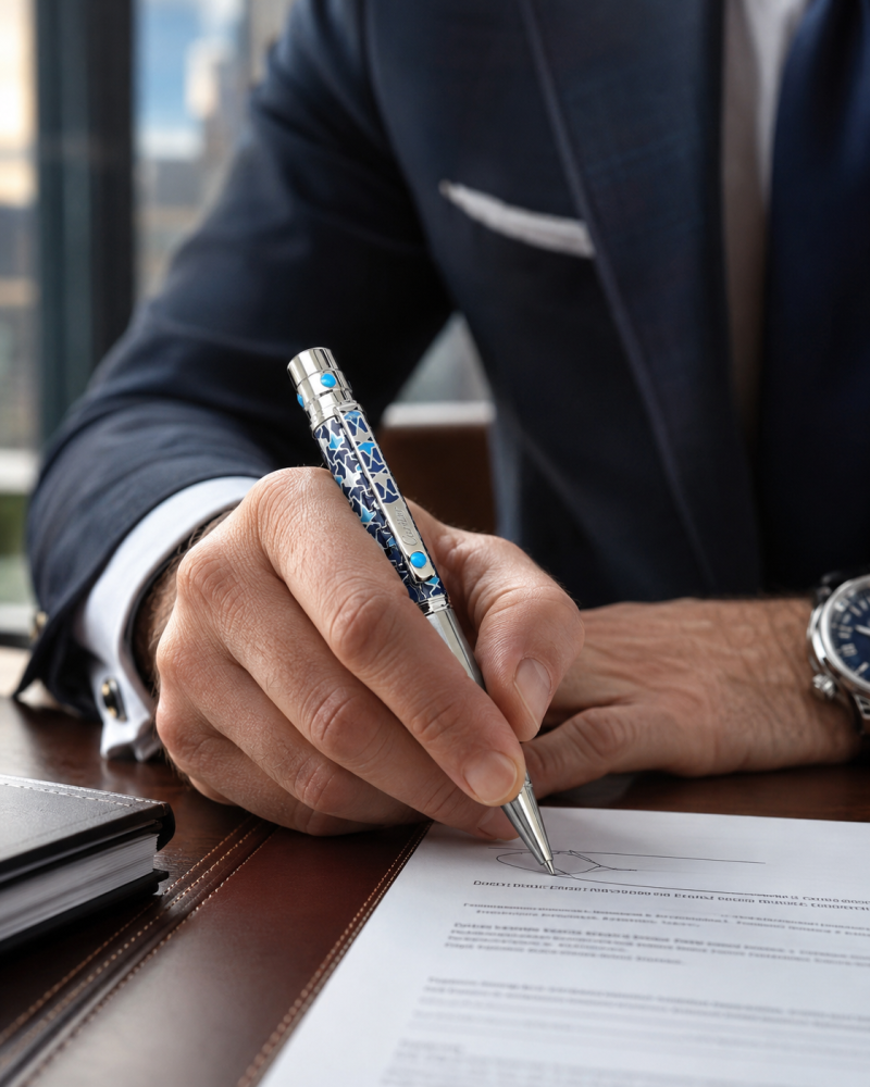 قلم فاخر بتصميم أزرق فضي مزخرف – ستايل Cartier