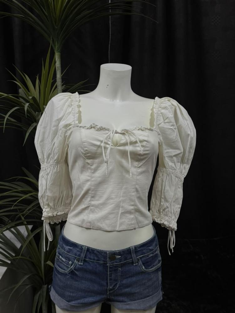 Cream Square-Neck Cottagecore Top with Ruched Puff Sleeves and Chest Tie - Size S/M
