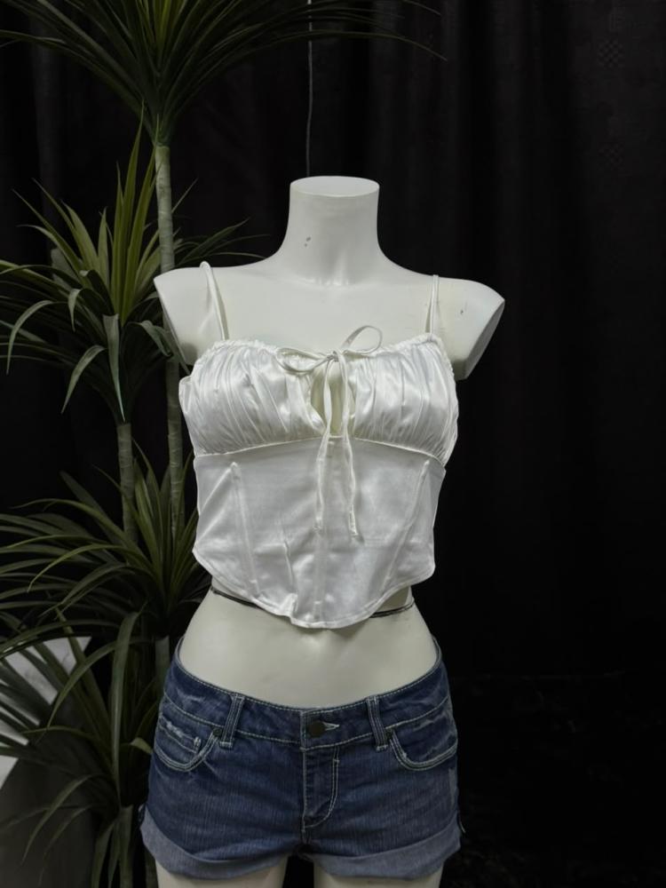 Glassons White Satin Corset Crop Top with Front Tie - Size 10 (M)