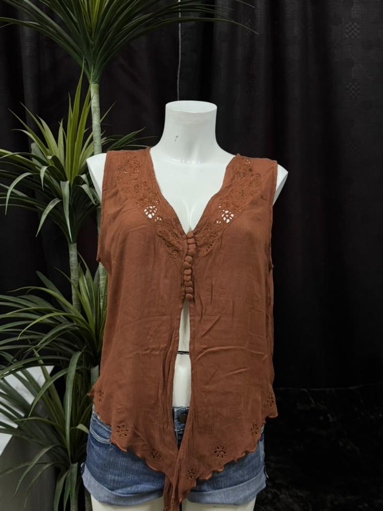 ISHKA Brown Boho Embroidered Sleeveless Top - Size L