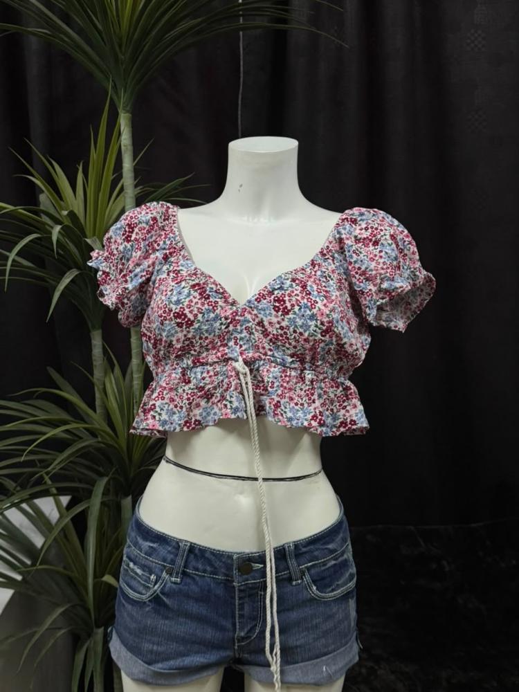 Tree of Life Floral Puff Sleeve Crop Top - Size XL