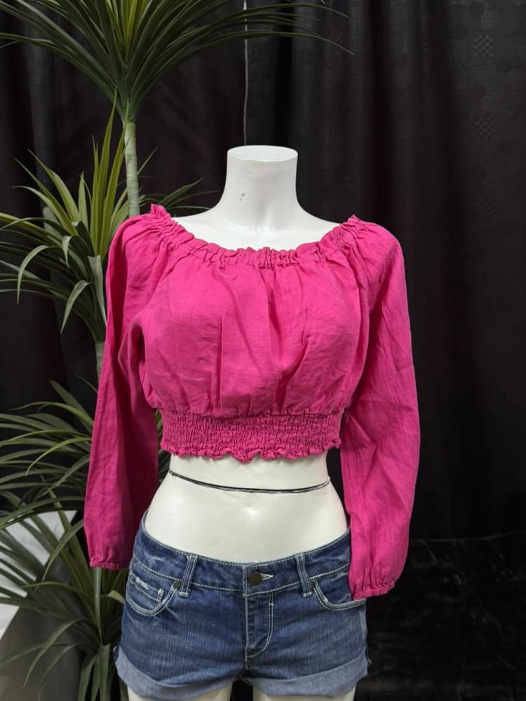 Sportsgirl Pink Linen Long Sleeve Off-Shoulder Crop Top - Size M (AUS 12)