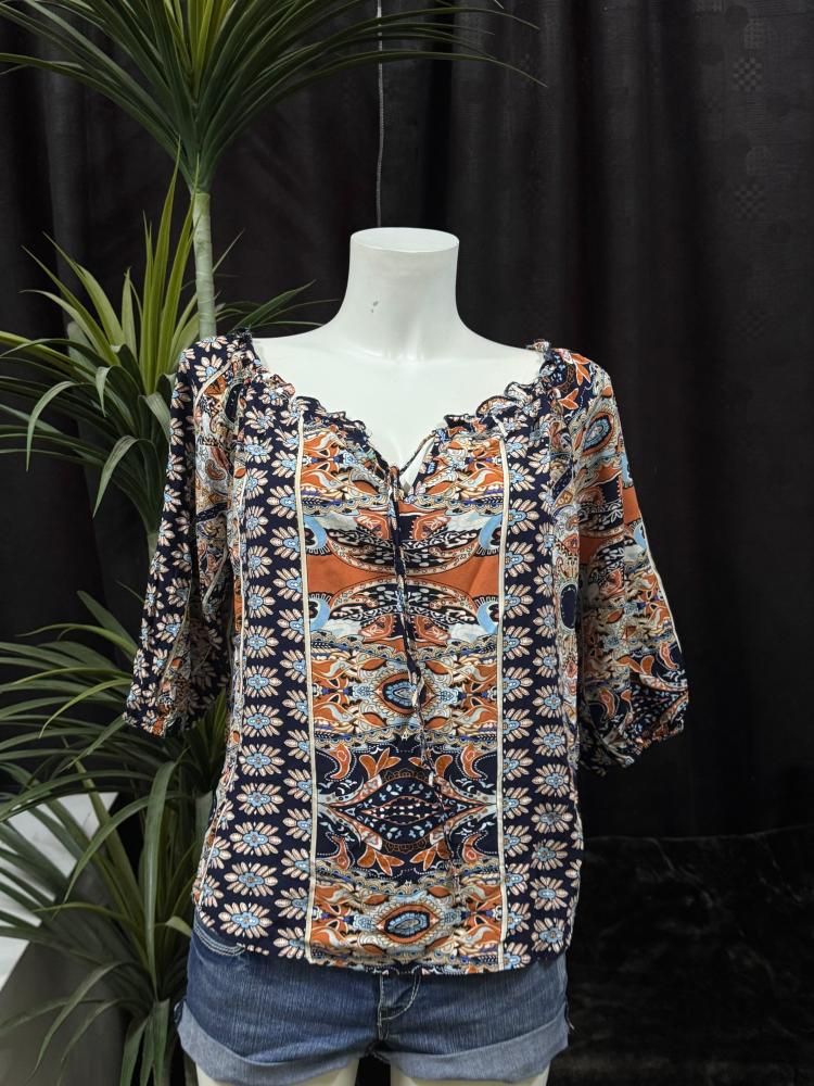 SHEIN Boho Paisley Print 3/4 Sleeve Top - Size L (US 8/10)