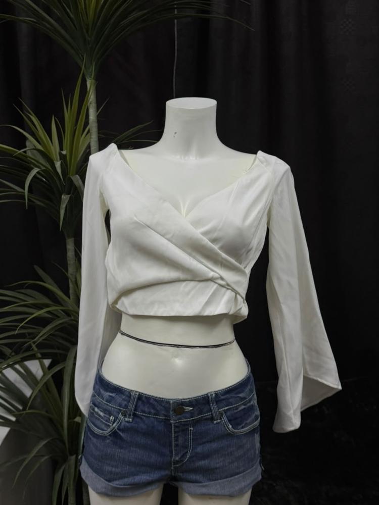 Bardot White Wrap Front Bell Sleeve Crop Top - Size S (US 6)