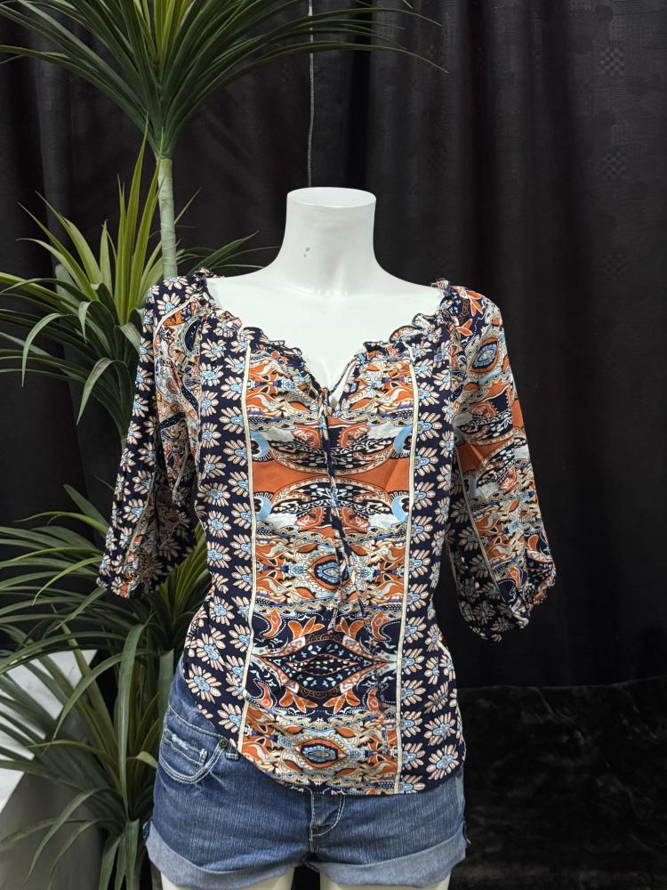 SHEIN Boho Paisley Print 3/4 Sleeve Top - Size L (US 8/10)