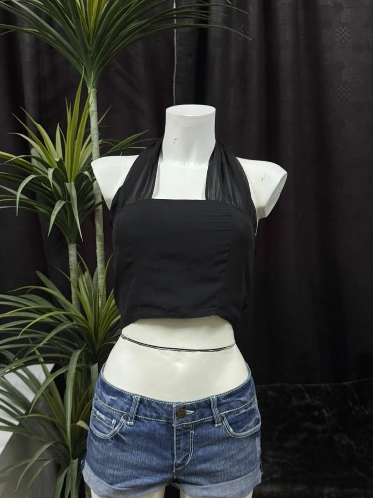 With Jéan Black Sheer Halter Crop Top - Size S
