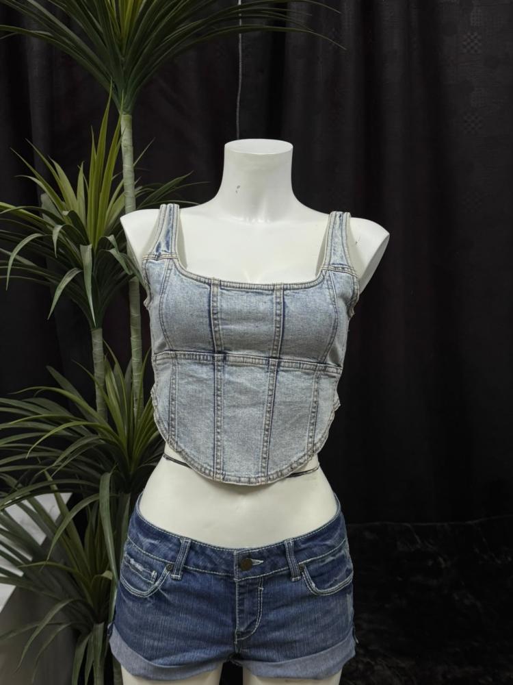Factorie Light Wash Denim Corset Top - Size S