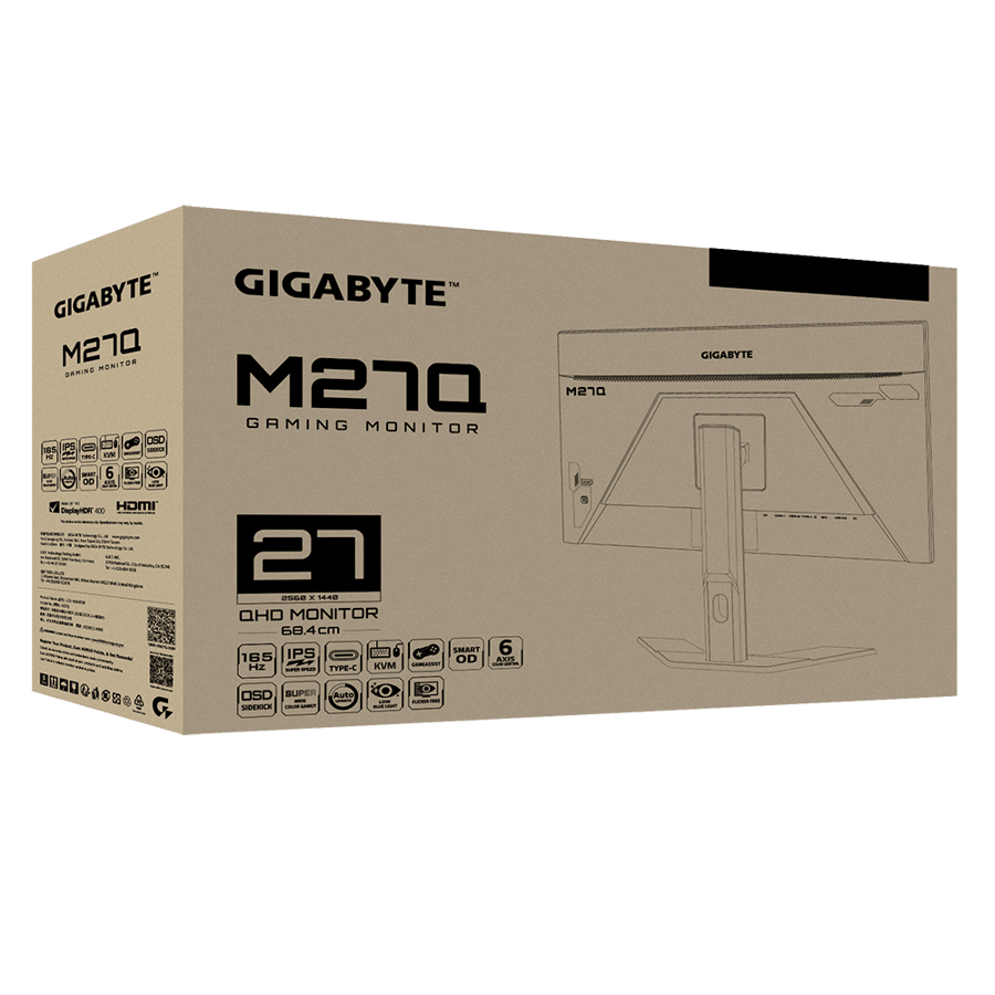 شاشة GIGABYTE M27Q بحجم 27 بوصة ودقة FHD، مع معدل تحديث 165Hz.