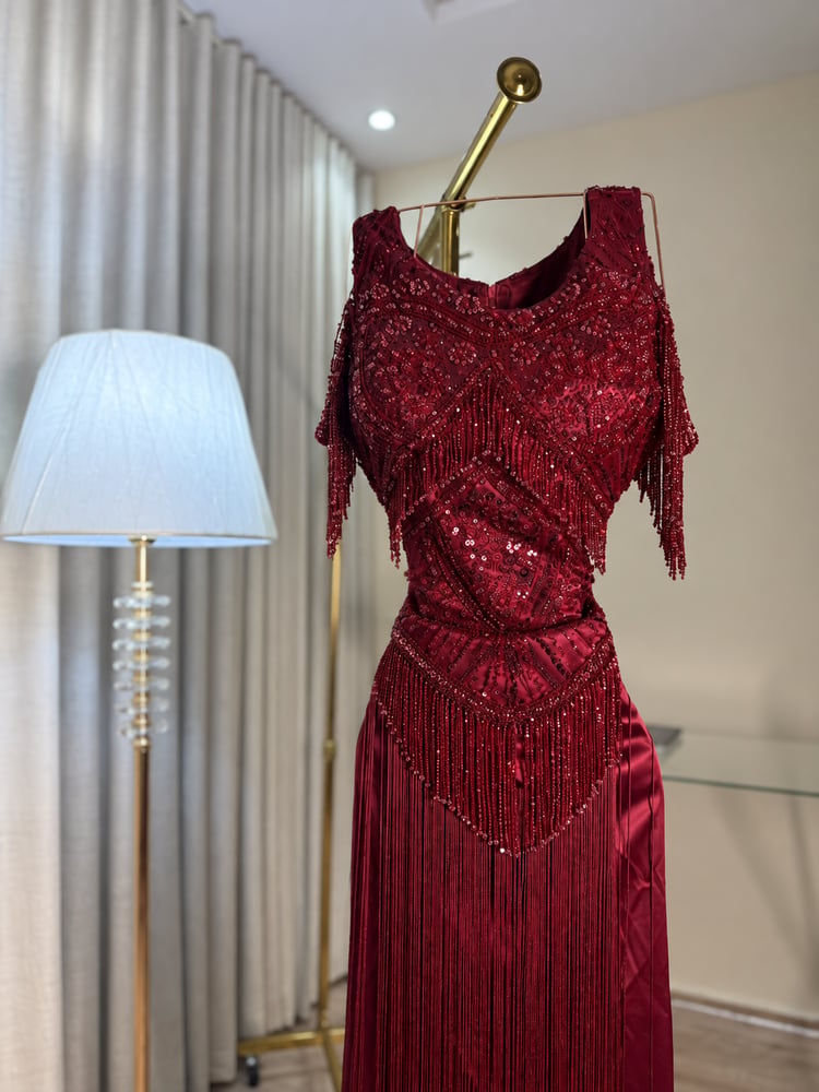 فستان سهره عنابي هدب