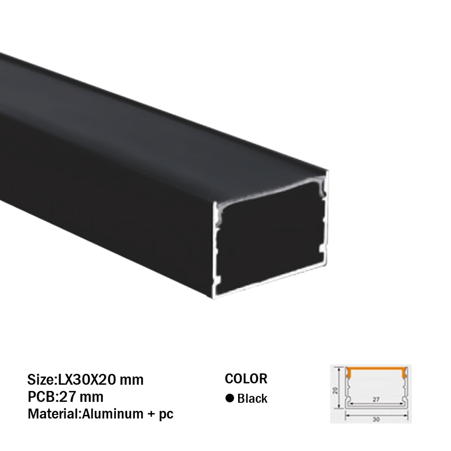Aluminum black 3 meter lead profile, recessed, 30 cm depth, 20 cm width