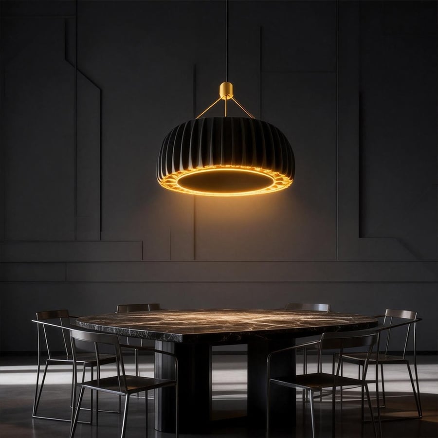 A modern circular design hanger with a faceted surface