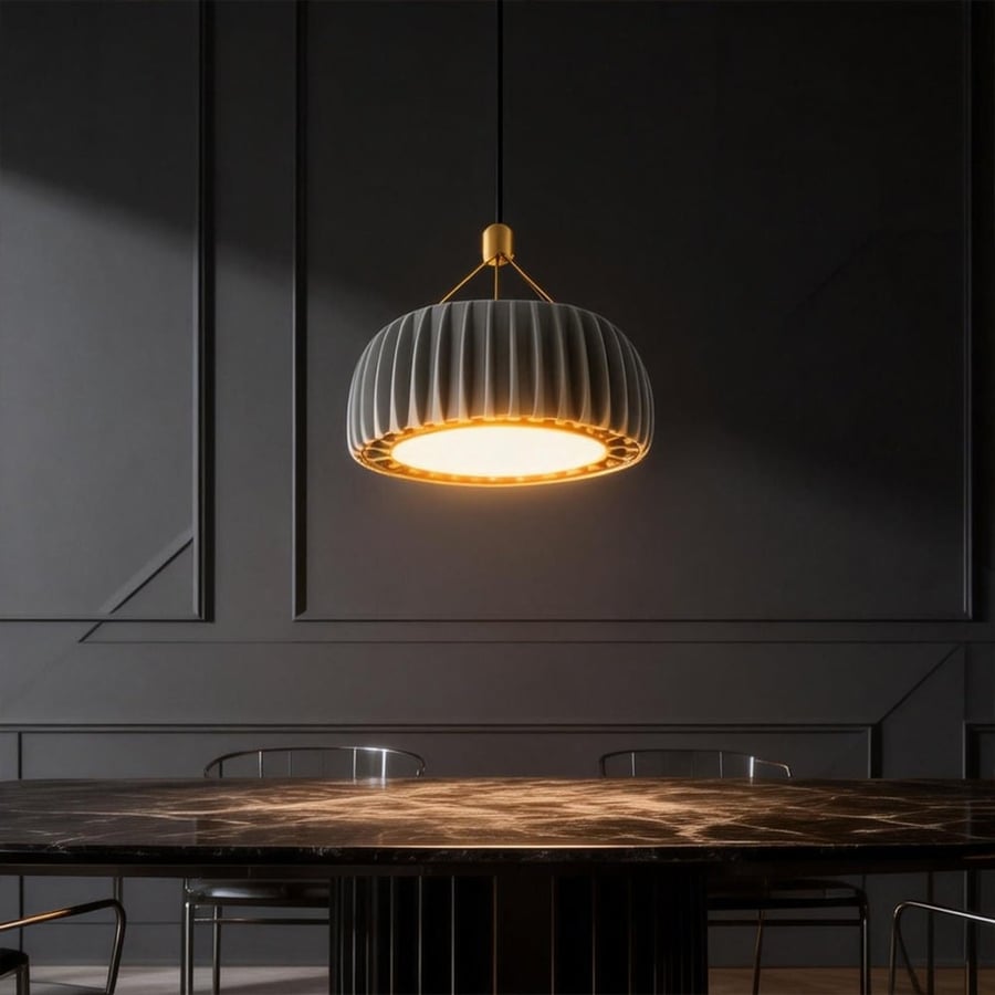 A modern circular design hanger with a faceted surface