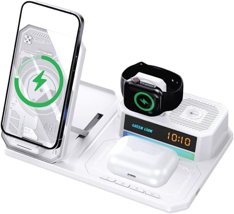 محطة الشحن اللاسلكي GreenLion 6 في 1 مع ساعة منبه، وشاحن Qi سريع، ومنافذ USB - منظم مكتب متكامل