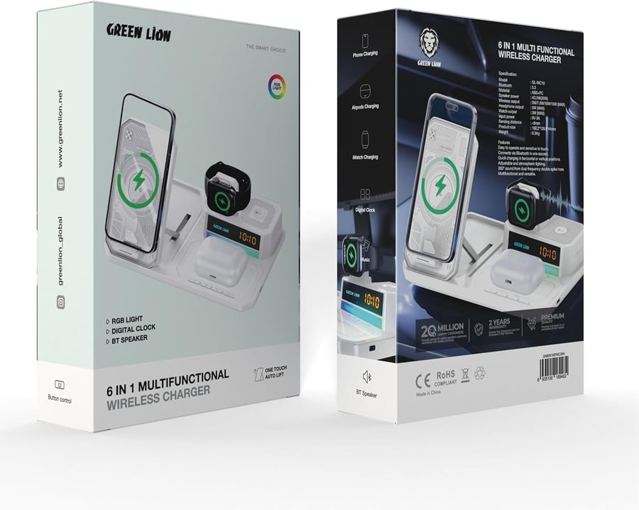 محطة الشحن اللاسلكي GreenLion 6 في 1 مع ساعة منبه، وشاحن Qi سريع، ومنافذ USB - منظم مكتب متكامل