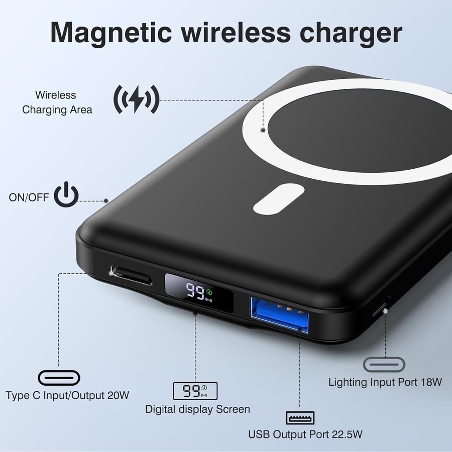 شاحن لاسلكي مغناطيسي بسعة 10000 مللي أمبير، أسود اللون، بتقنية MagSafe، يدعم الشحن السريع بقوة 22.5 واط وتقنية PD، وشاشة LED، متوافق مع سلسلة هواتف iPhone 17/16/15/14/13/12
