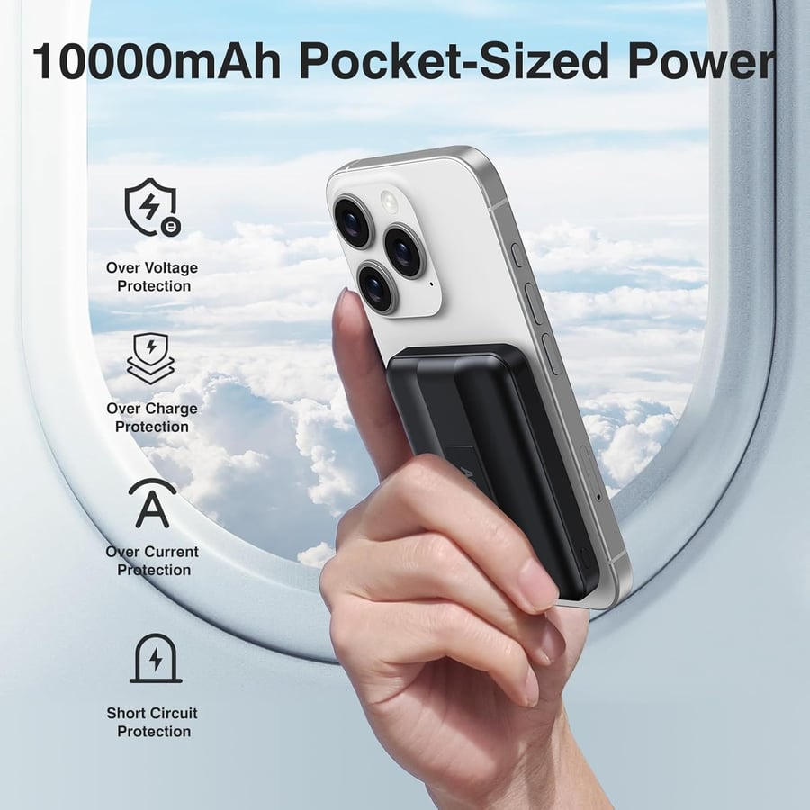 شاحن لاسلكي مغناطيسي بسعة 10000 مللي أمبير، أسود اللون، بتقنية MagSafe، يدعم الشحن السريع بقوة 22.5 واط وتقنية PD، وشاشة LED، متوافق مع سلسلة هواتف iPhone 17/16/15/14/13/12