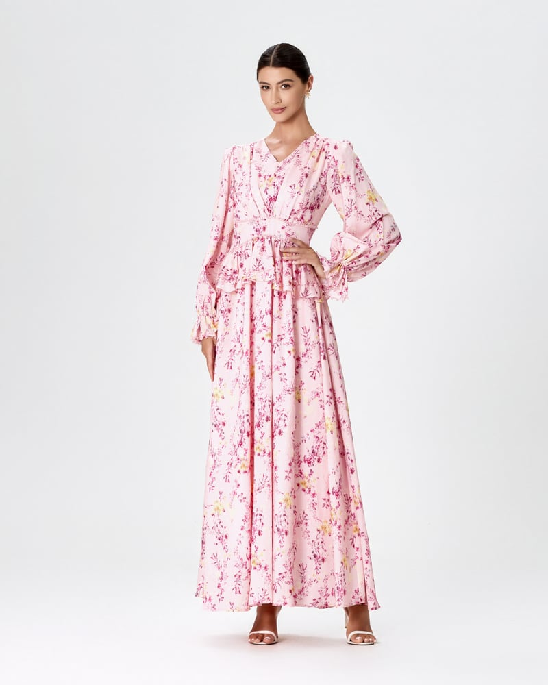 Pink dress decorated with floral print