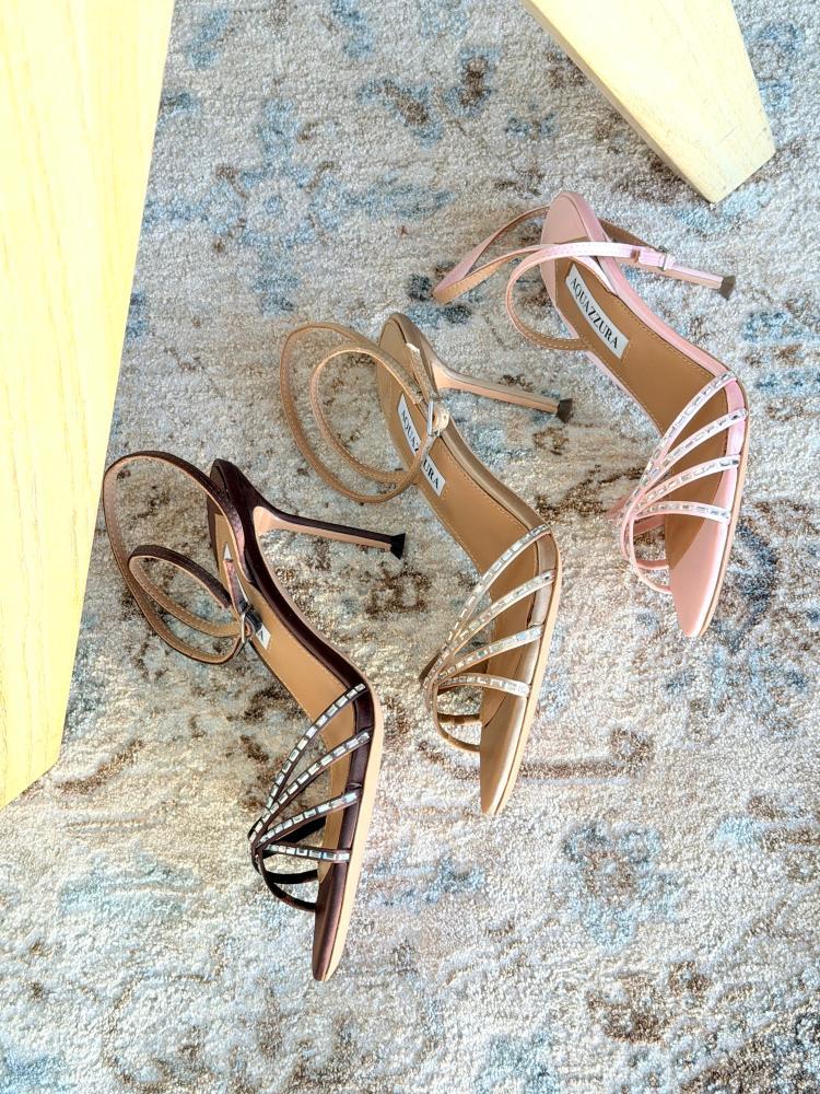 Aquazzura Crystal Strap Sandal Heels – Pink / Brown / Beige