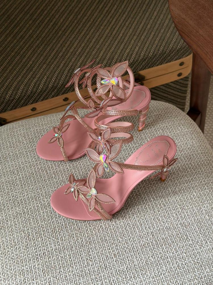 Rene Caovilla Pink Floral Crystal Spiral Sandals