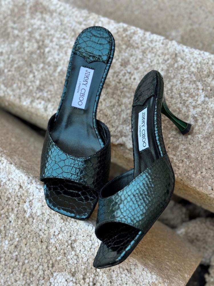 Jimmy Choo Metallic Snake Effect Mule Heels