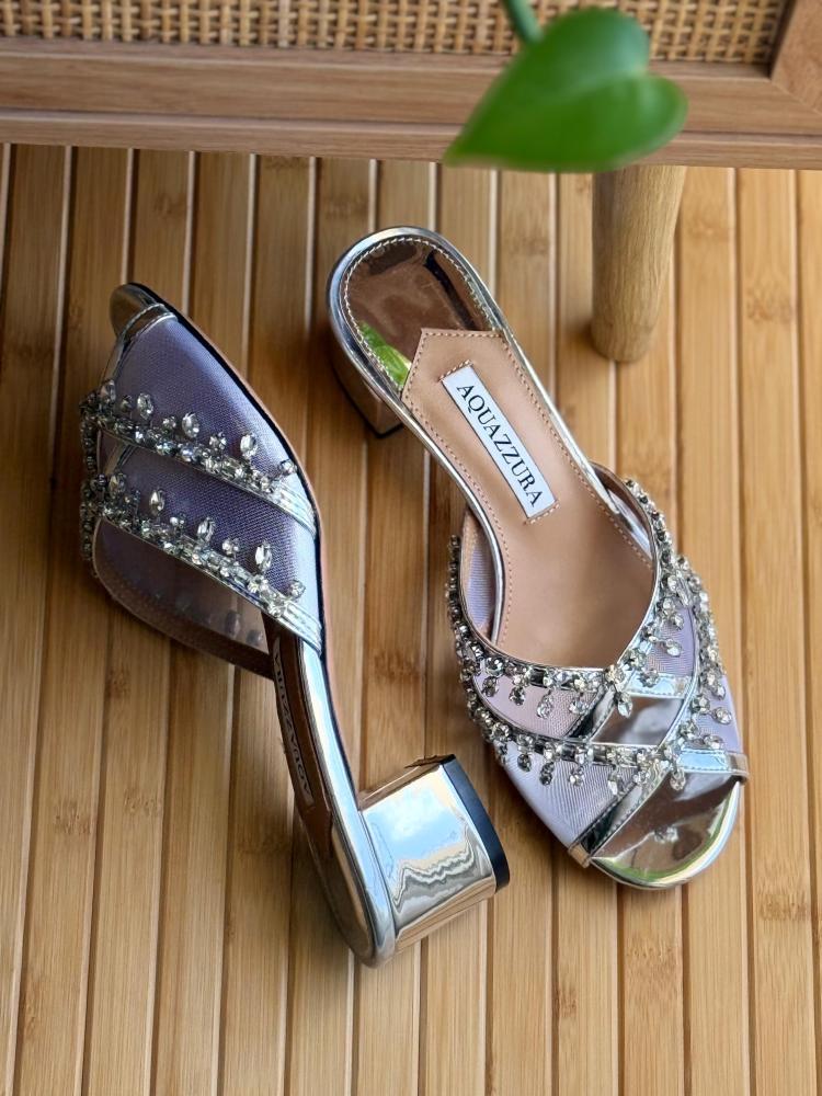 Aquazzura Crystal Embellished Slide Sandals – Gold / Black / Silver