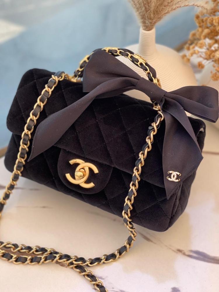Chanel Velvet Quilted Flap Bag with Bow