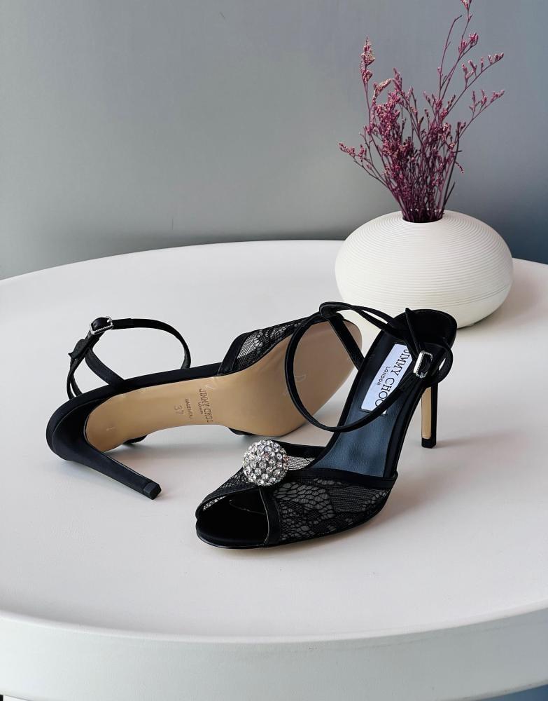 Jimmy Choo Lace Crystal Ankle Strap Heels – Black