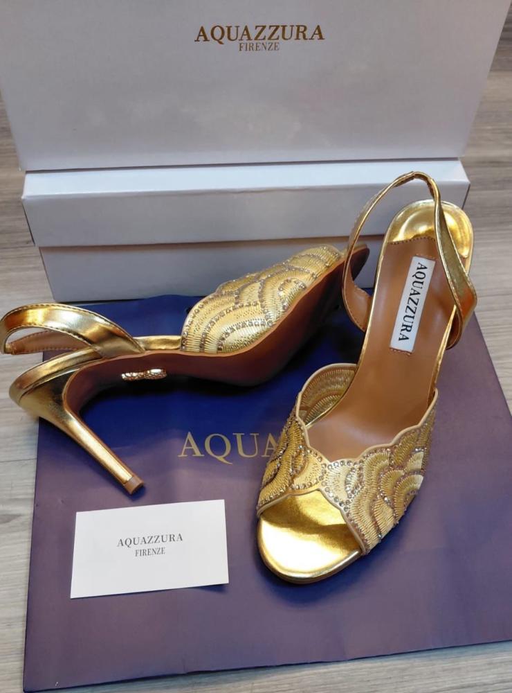 Aquazzura Embellished Gold Slingback Heels