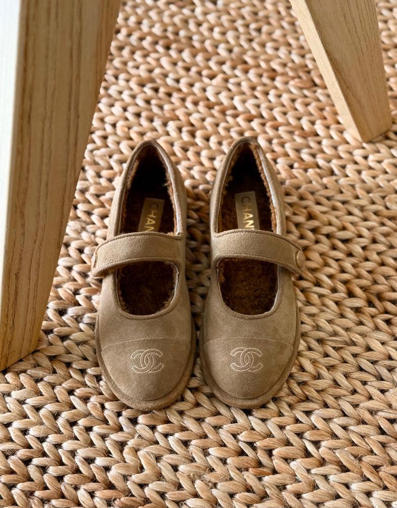 Chanel Suede Fur Lined Ballerina Flats