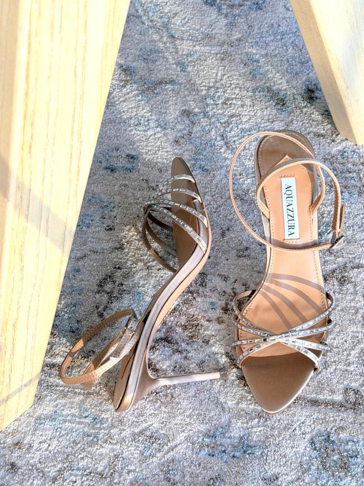 Aquazzura Crystal Strap Sandal Heels – Pink / Brown / Beige