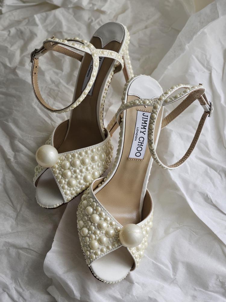 Jimmy Choo Pearl Embellished Open Toe Ankle Strap Heels – Ivory