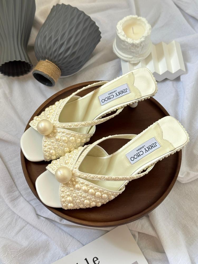 Jimmy Choo Pearl Embellished Open Toe Heels – Soft Ivory