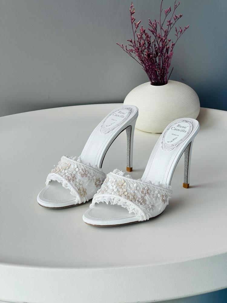 Rene Caovilla Floral Embroidered Mule Heels