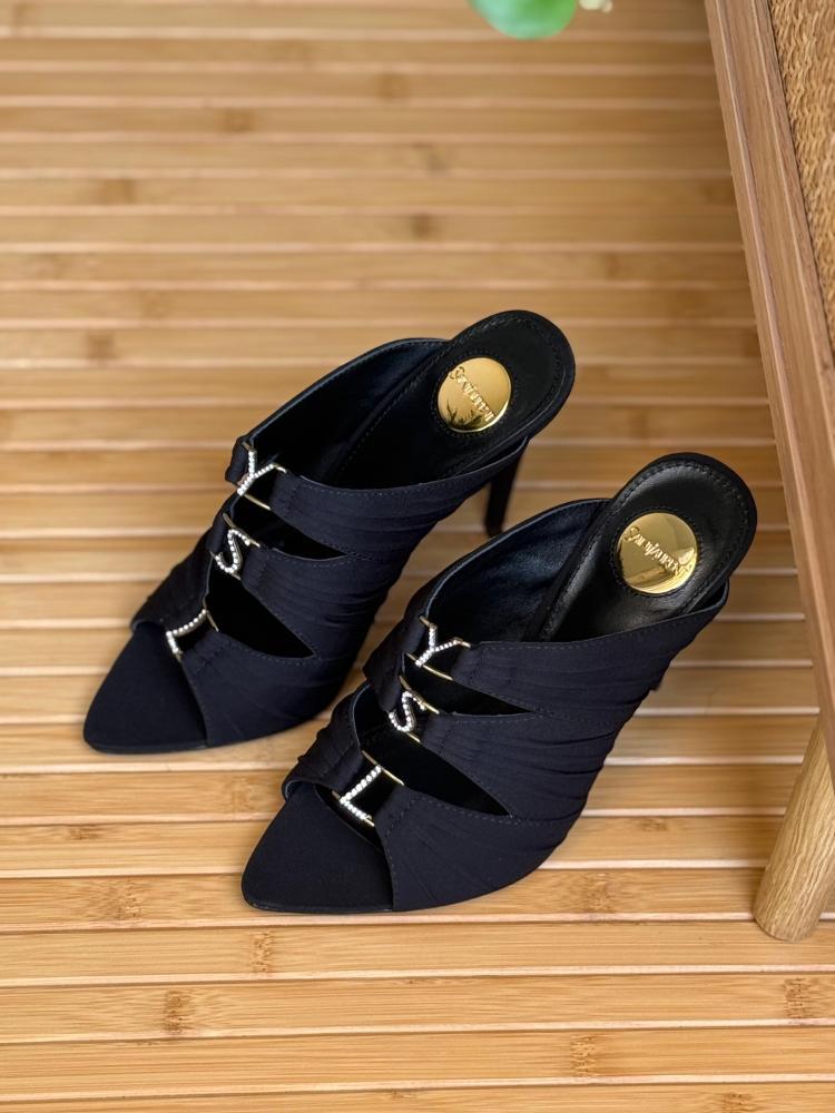 Saint Laurent Satin Crystal Strap Mule Heels