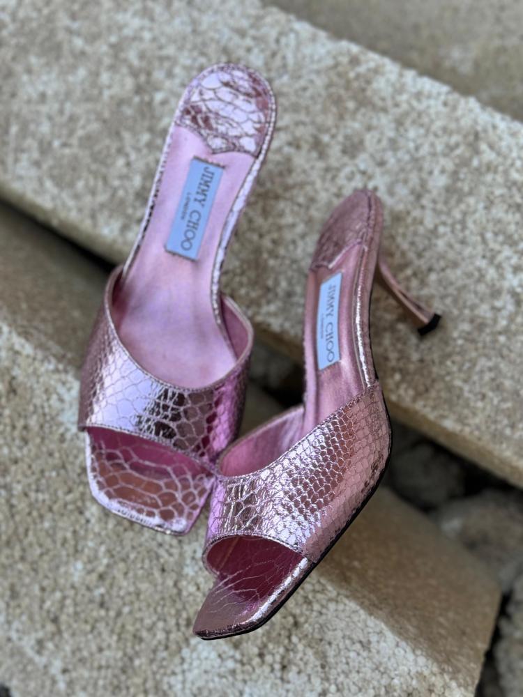 Jimmy Choo Metallic Snake Effect Mule Heels